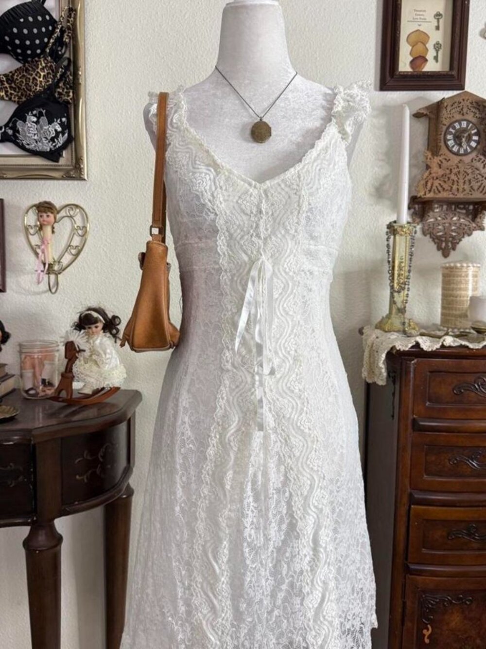 Y2k dainty romantic fairy grunge coquette white lace knee length dress